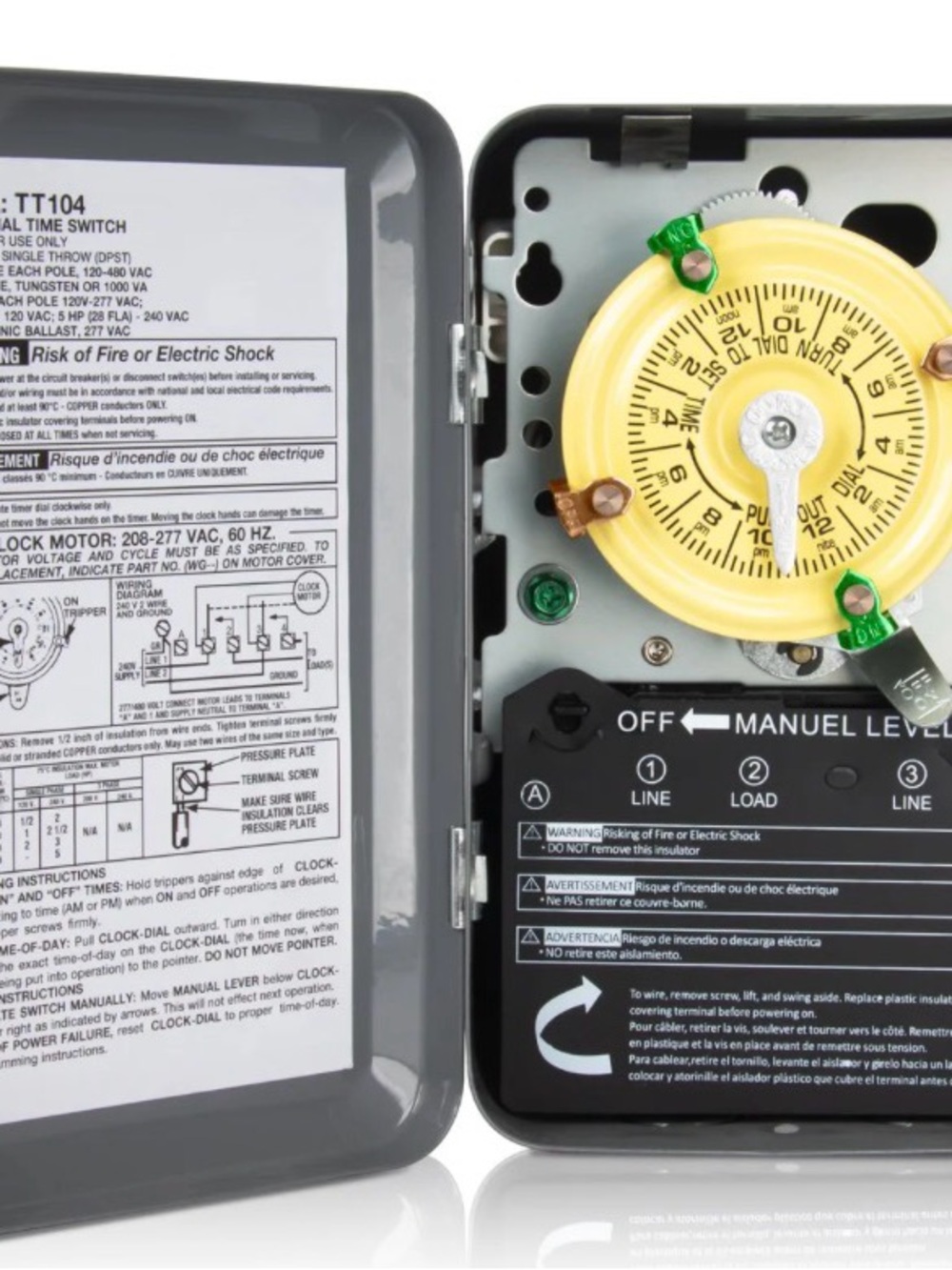 T104 Electromechanical Timer Switch for Lights, Fans, HVAC, 208-277 VAC 40A DPST